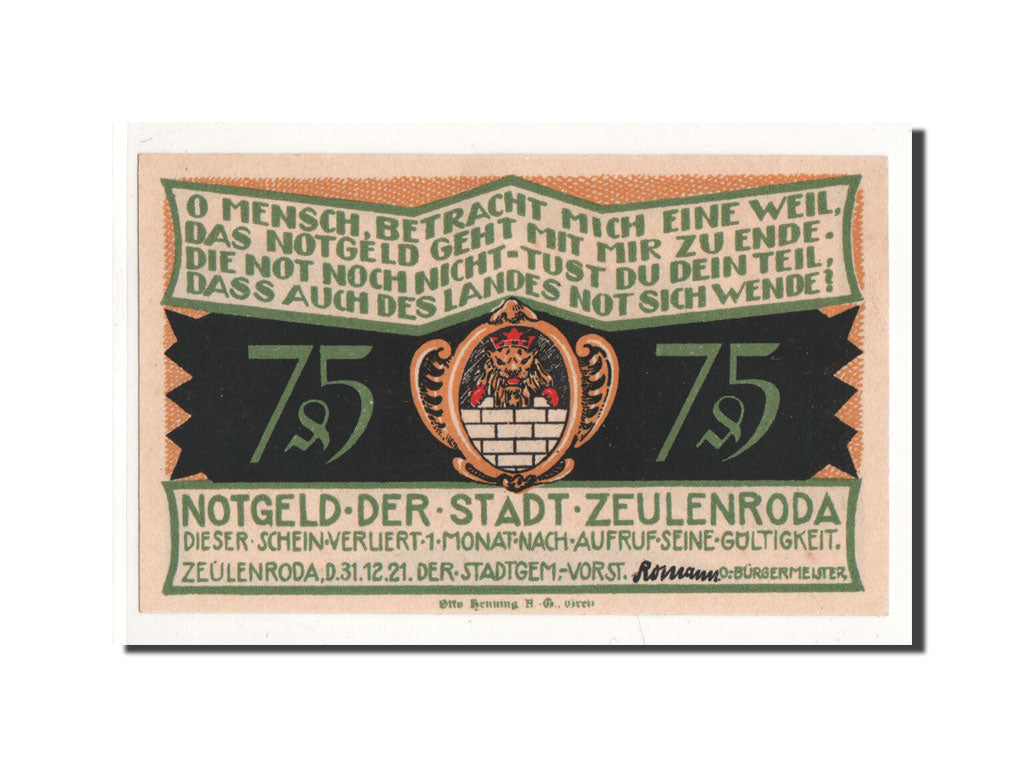 Biljet, Duitsland, Zeulenroda, 75 Pfennig, paysage, 1921, 1921-11-01, NIEUW