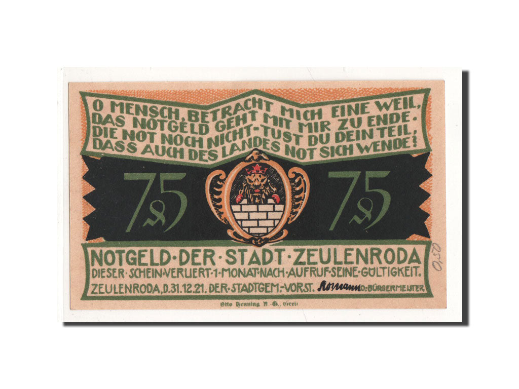 Billet, Allemagne, Zeulenroda, 75 Pfennig, personnage, 1921, 1921-11-01, NEUF