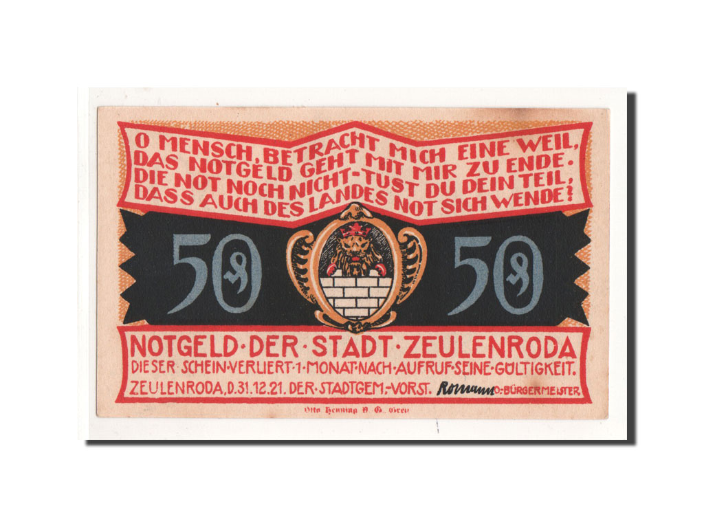 Biljet, Duitsland, Zeulenroda, 50 Pfennig, arbre, 1921, 1921-11-01, NIEUW