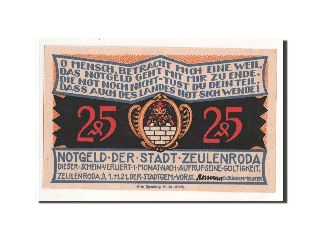 Geldschein, Deutschland, Zeulenroda, 25 Pfennig, Eglise, 1921, 1921-11-01, UNZ