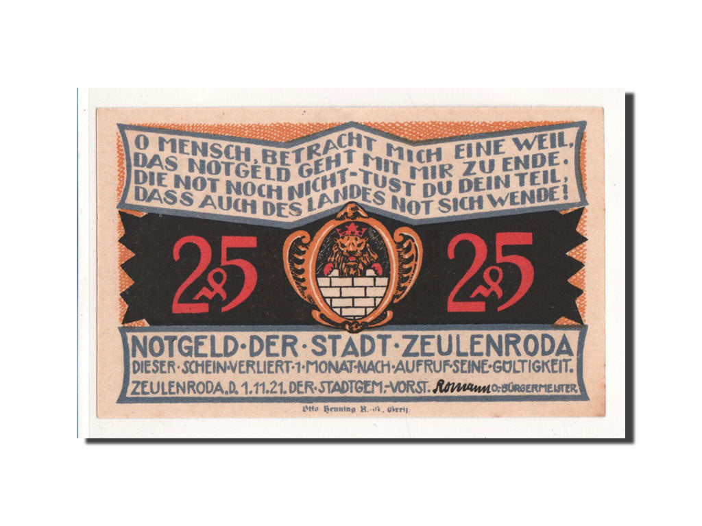 Billet, Allemagne, Zeulenroda, 25 Pfennig, pont, 1921, 1921-11-01, NEUF