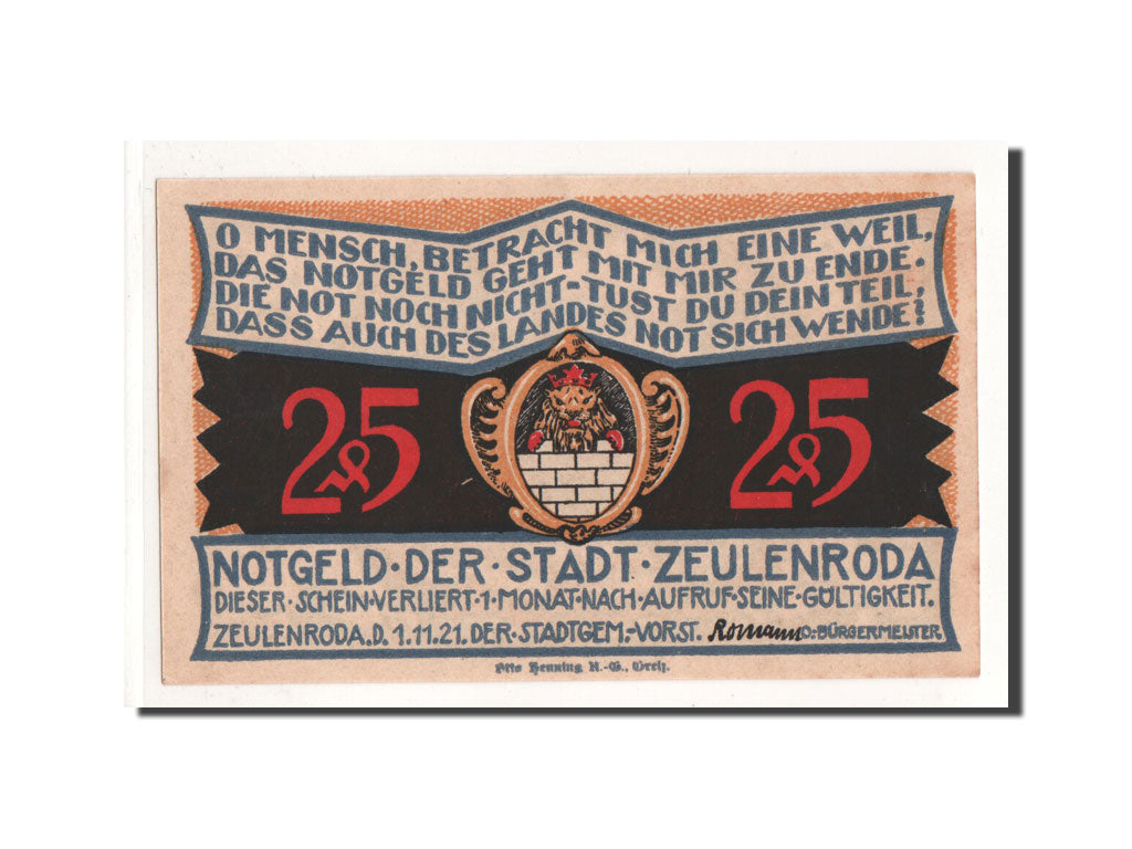 Biljet, Duitsland, Zeulenroda, 25 Pfennig, Ville, 1921, 1921-11-01, NIEUW