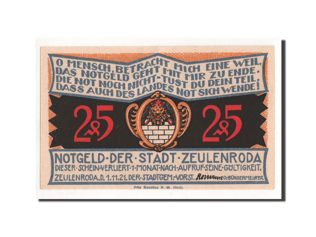 Banknote, Germany, Zeulenroda, 25 Pfennig, ville 1, 1921, 1921-11-01