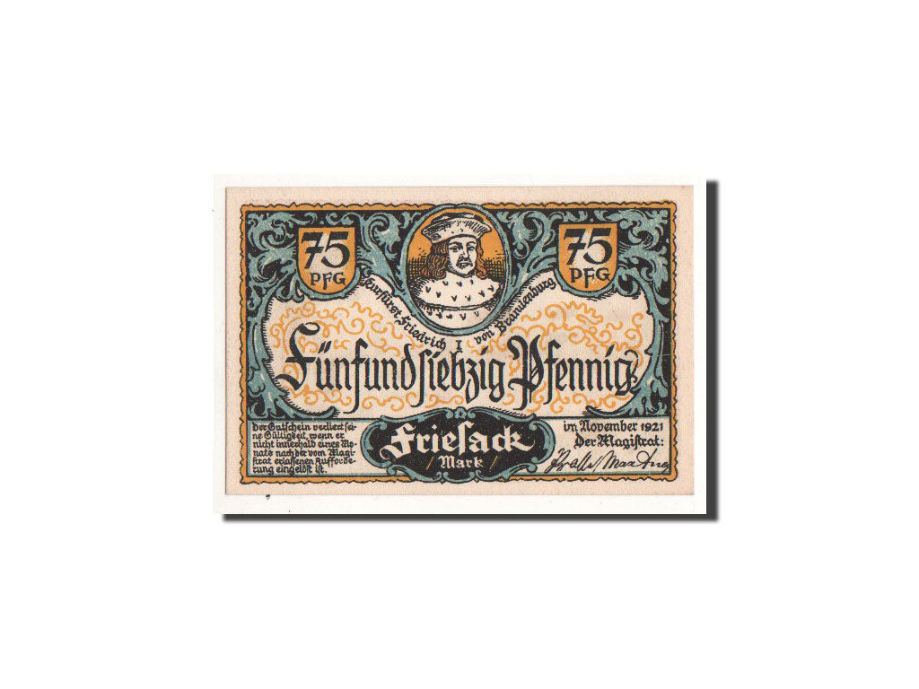 Banconote, Germania, Friesack Stadt, 75 Pfennig, château, 1921, Undated, FDS