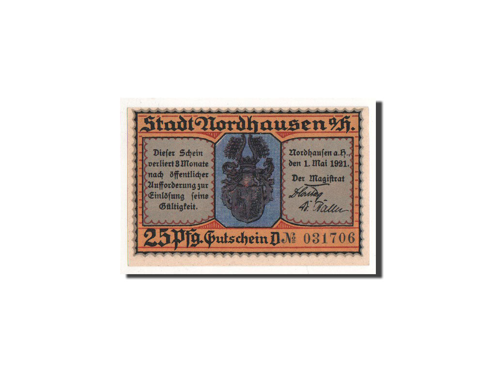 Billet, Allemagne, Nordhausen Stadt, 25 Pfennig, repas, 1921, 1921-05-01, NEUF