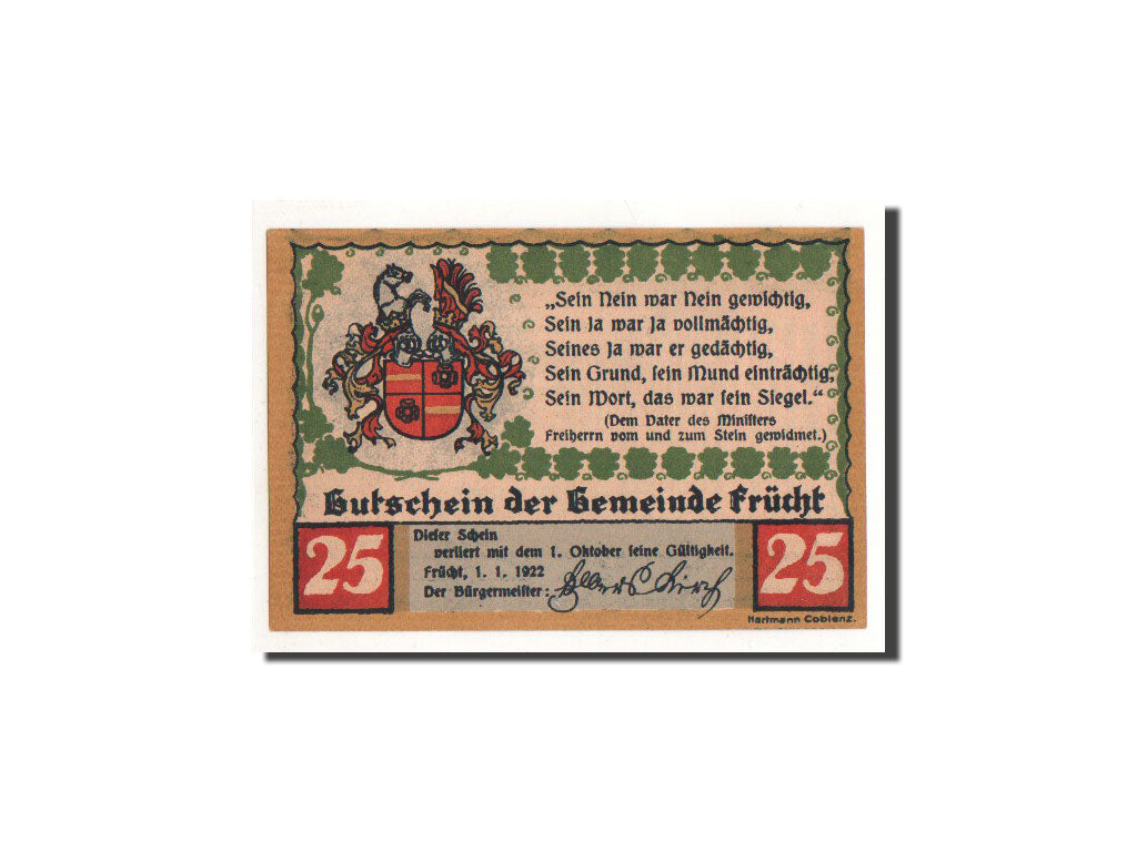 Banconote, Germania, Frücht bei Ems, 25 Pfennig, portrait, 1922, 1922-01-01
