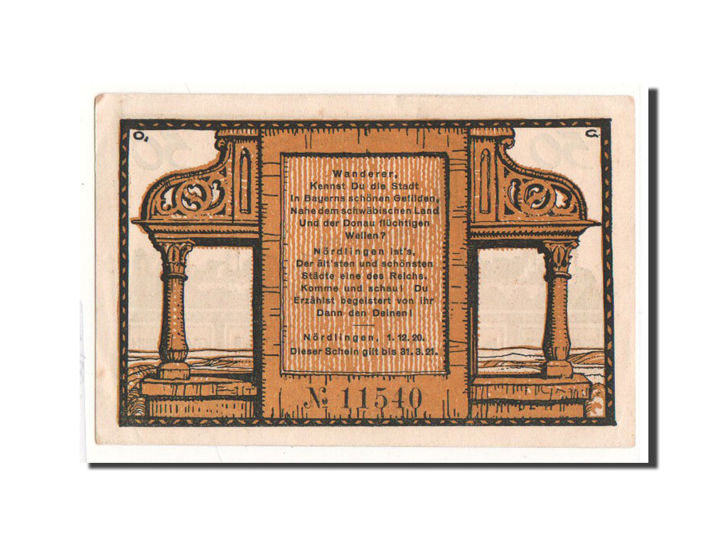 Billet, Allemagne, Nordlingen, 50 Pfennig, village, 1918, 1918-10-02, NEUF