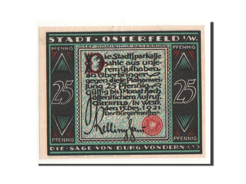 Billet, Allemagne, Osterfeld, 25 Pfennig, personnage 1, 1921, 1921-12-15, NEUF