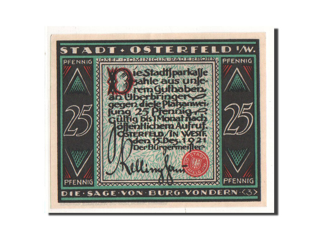 Billet, Allemagne, Osterfeld, 25 Pfennig, personnage 3, 1921, 1921-12-15, NEUF