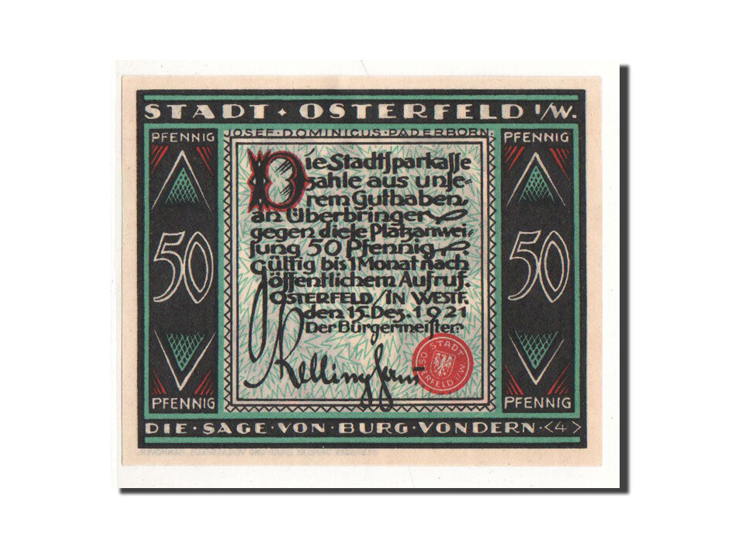 Billet, Allemagne, Osterfeld, 50 Pfennig, personnage 4, 1921, 1921-12-15, NEUF