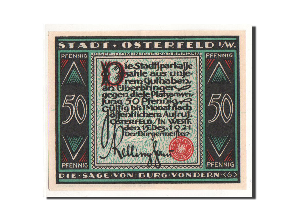 Billet, Allemagne, Osterfeld, 50 Pfennig, personnage 6, 1921, 1921-12-15, NEUF