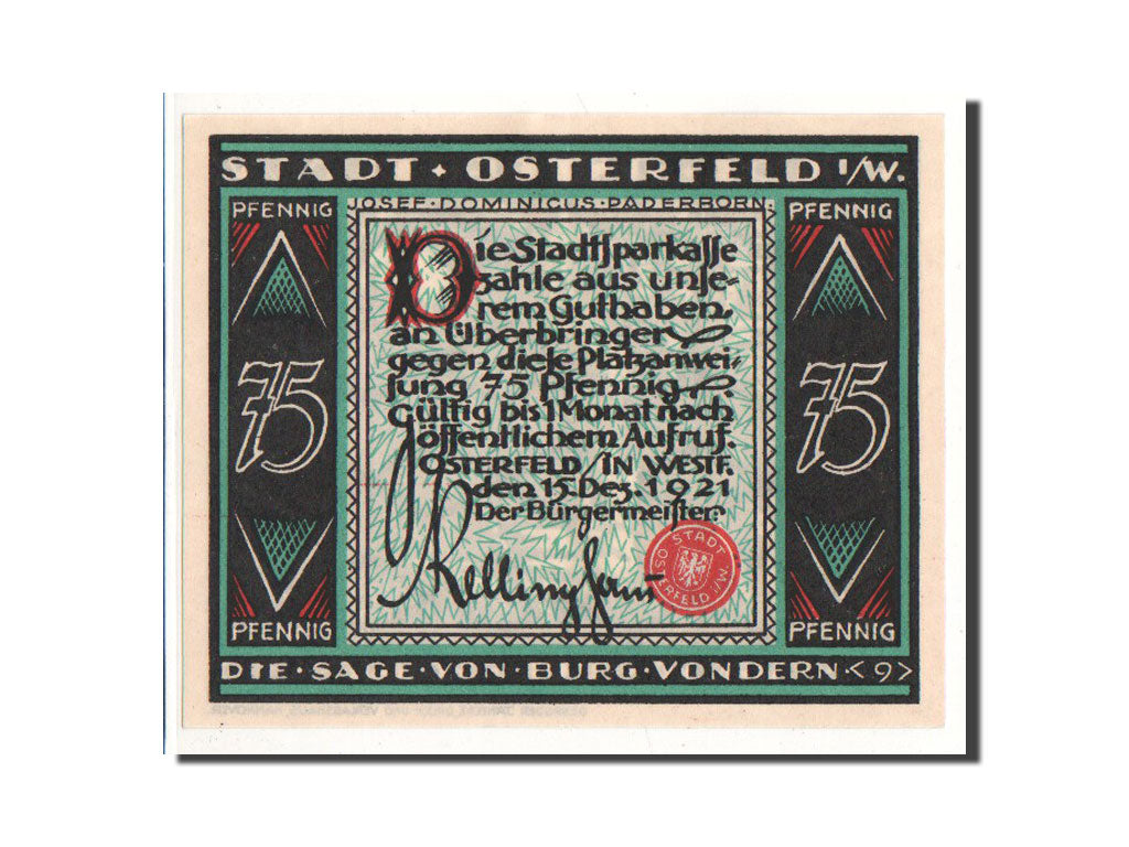 Billet, Allemagne, Osterfeld, 75 Pfennig, personnage 9, 1921, 1921-12-15, NEUF