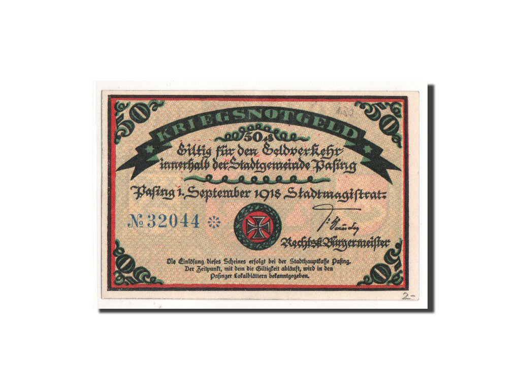 Biljet, Duitsland, Pasing Stadt, 50 Pfennig, chevalier, 1918, 1918-09-01, NIEUW