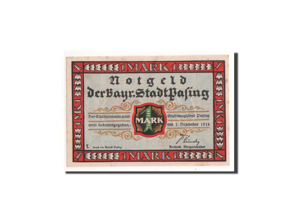 Banknote, Germany, Pasing Stadt, 1 Mark, Ecusson, 1918, 1918-09-01, UNC(65-70)