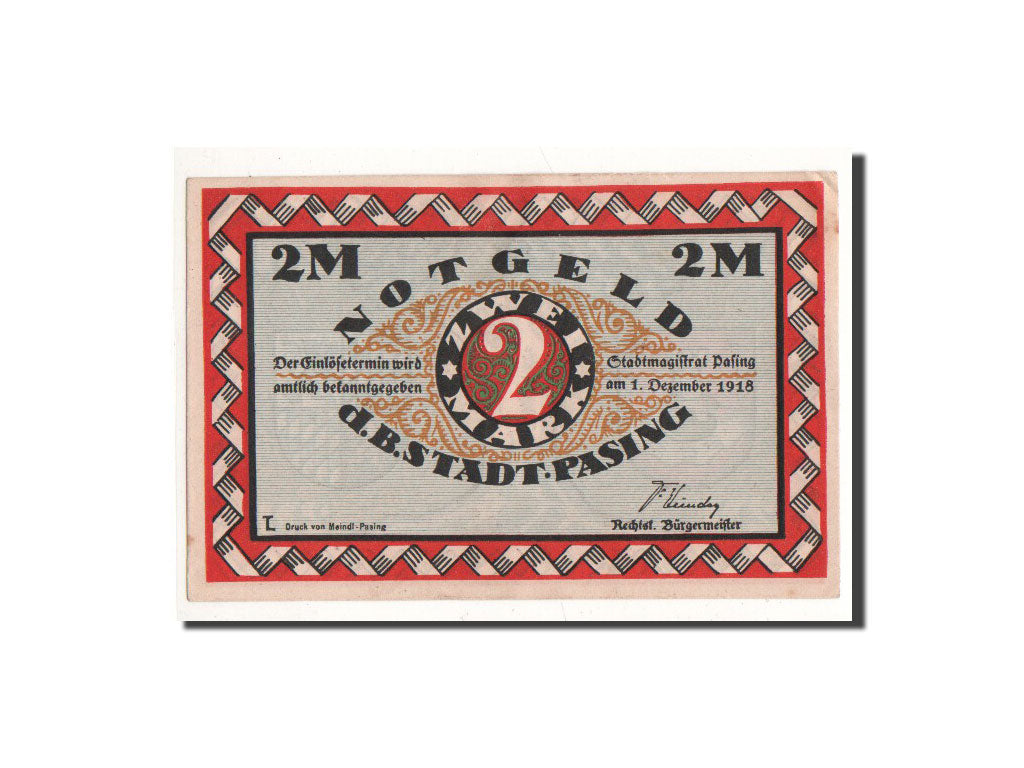 Billet, Allemagne, Pasing Stadt, 2 Mark, Ecusson, 1918, 1918-09-01, NEUF