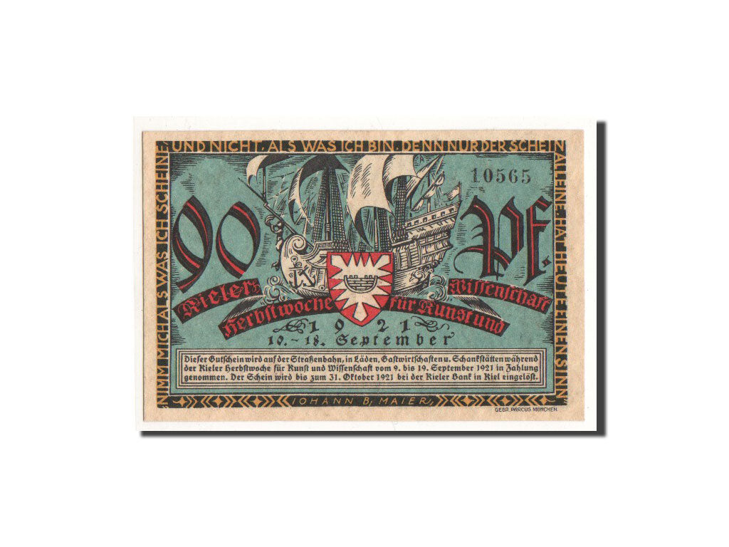 Banconote, Germania, Kiel, 90 Pfennig, bateau, 1921, 1921-09-10, FDS, Mehl:696.2