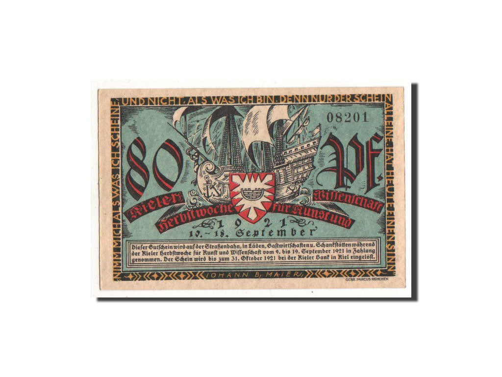 Banknote, Germany, Kiel, 80 Pfennig, personnage, 1921, 1921-09-10, UNC(65-70)