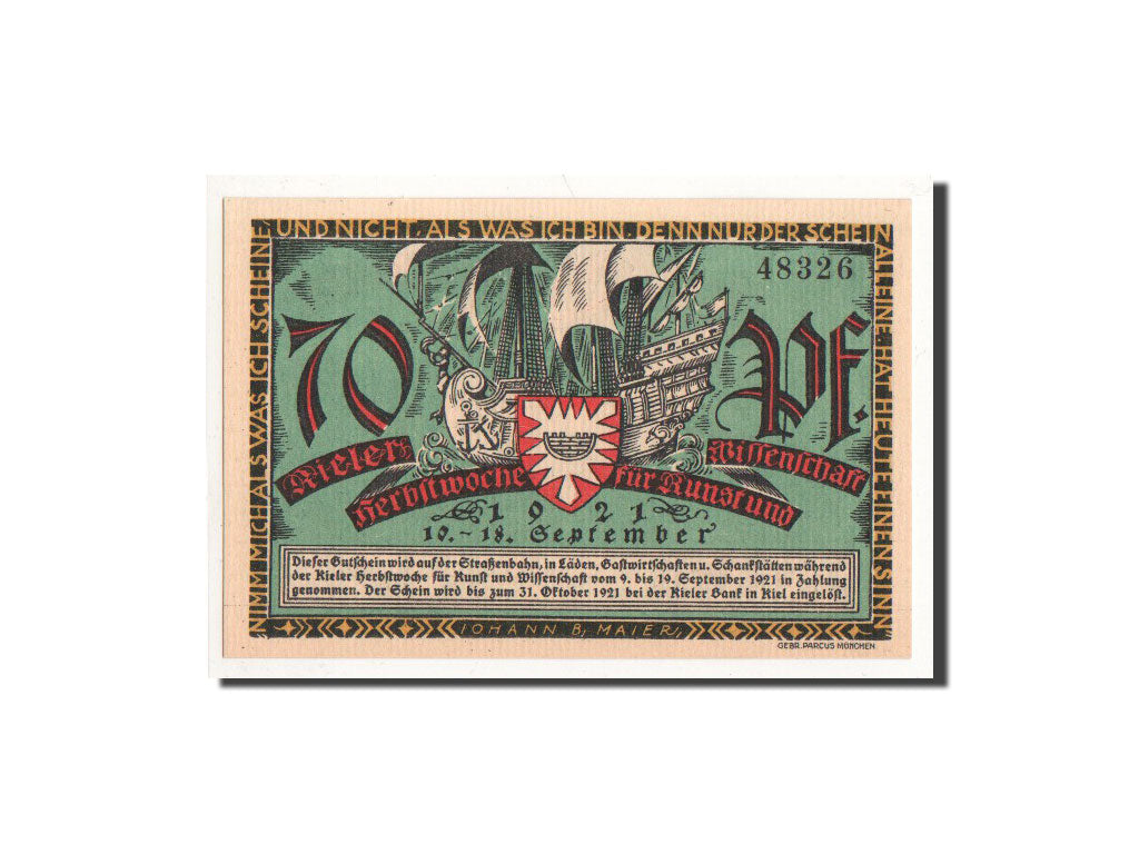 Banconote, Germania, Kiel, 70 Pfennig, Port, 1921, 1921-09-10, FDS, Mehl:696.1