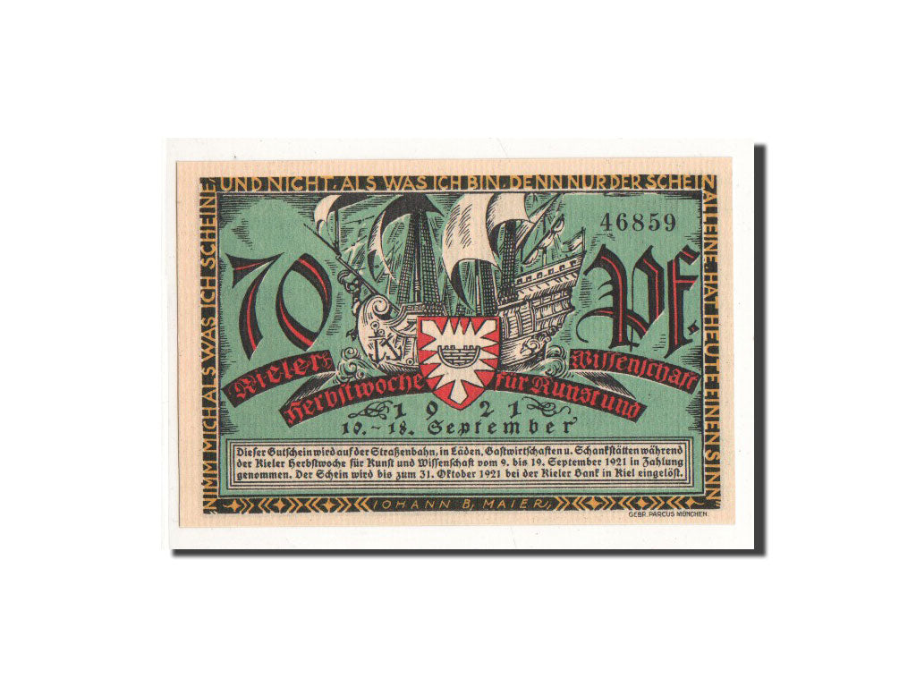 Banknote, Germany, Kiel, 70 Pfennig, Ville, 1921, 1921-09-10, UNC(65-70)