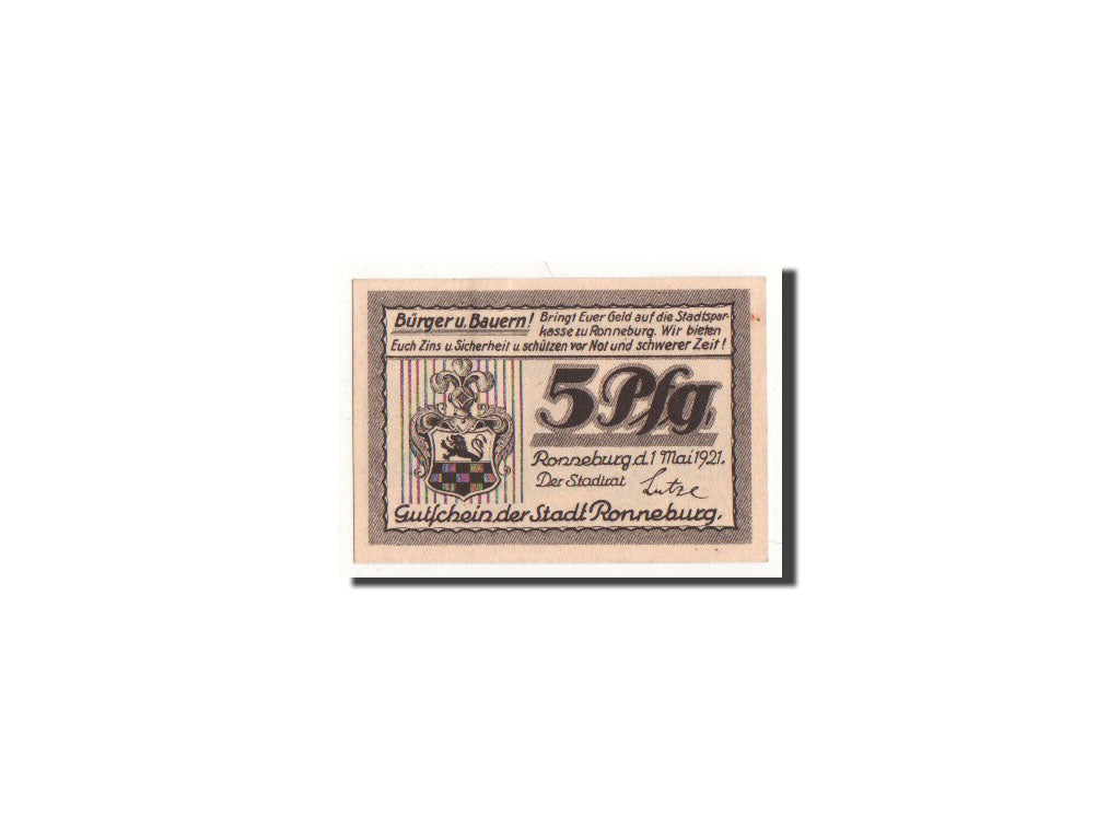 Banconote, Germania, Ronneburg, 5 Pfennig, Monument, 1921, 1921-05-01, FDS