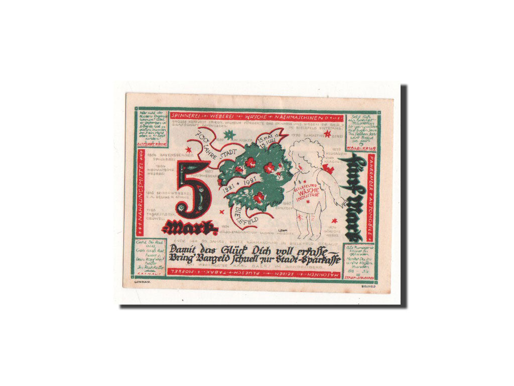 Billet, Allemagne, Bielefeld, 5 Mark, enfant, 1921, 1921-05-15, NEUF