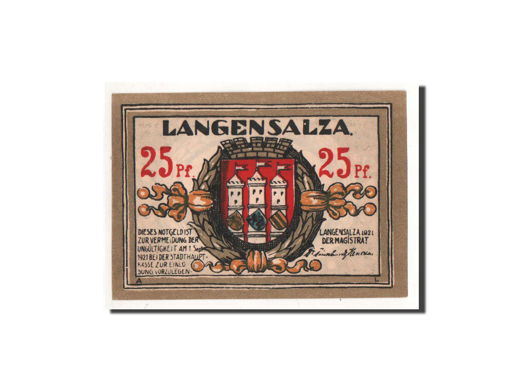 Banconote, Germania, Langensalza Stadt, 25 Pfennig, Maison, 1921, Undated, FDS