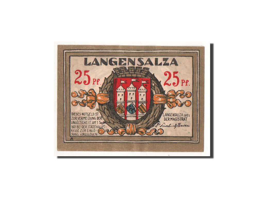 Banconote, Germania, Langensalza Stadt, 25 Pfennig, Eglise 1, 1921, Undated