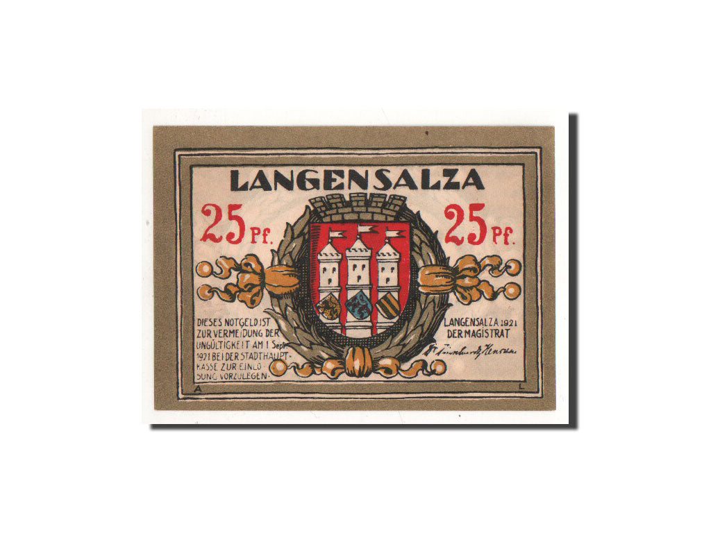 Banconote, Germania, Langensalza Stadt, 25 Pfennig, maison 1, 1921, Undated