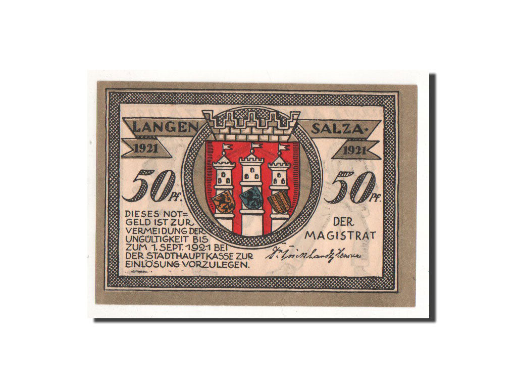 Billet, Allemagne, Langensalza Stadt, 50 Pfennig, soldat, 1921, Undated, NEUF