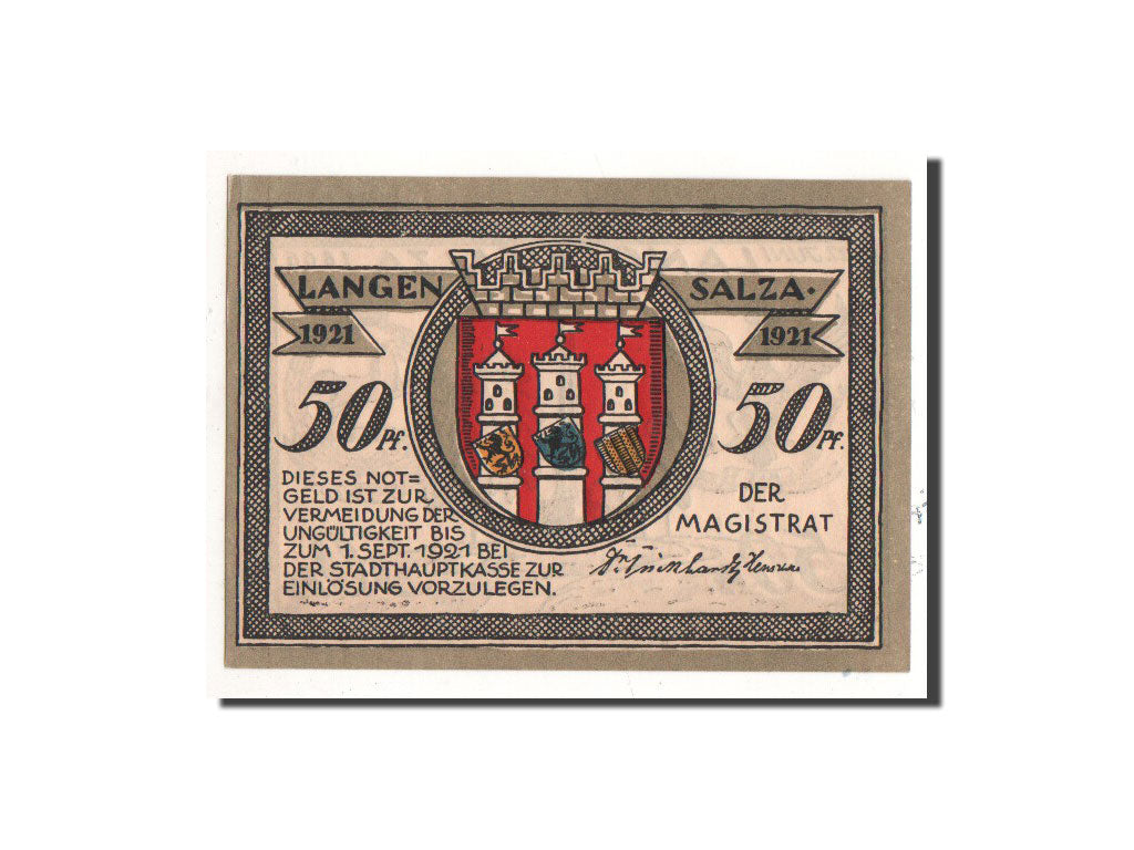 Biljet, Duitsland, Langensalza Stadt, 50 Pfennig, Monument, 1921, Undated