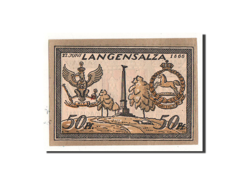 Biljet, Duitsland, Langensalza Stadt, 50 Pfennig, Monument, 1921, Undated