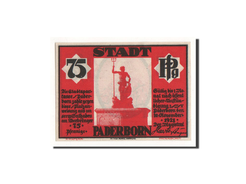 Geldschein, Deutschland, Paderborn, 75 Pfennig, statue, 1921, 1921-11-10, UNZ