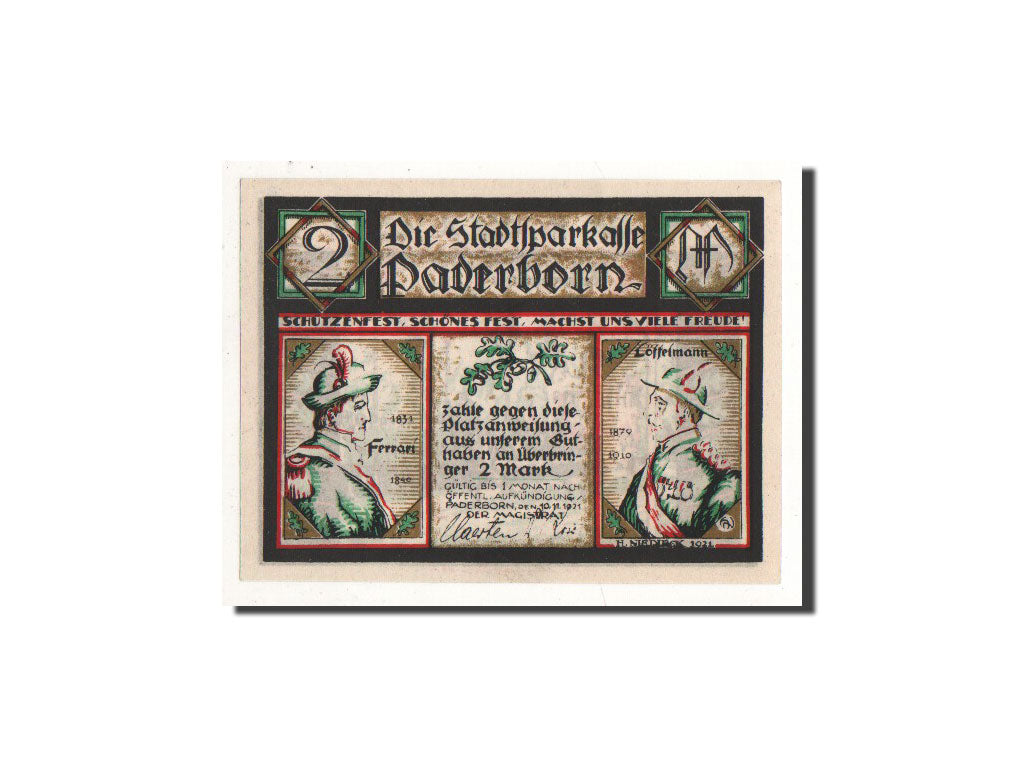 Geldschein, Deutschland, Paderborn, 2 Mark, Diligence, 1921, 1921-11-10, UNZ