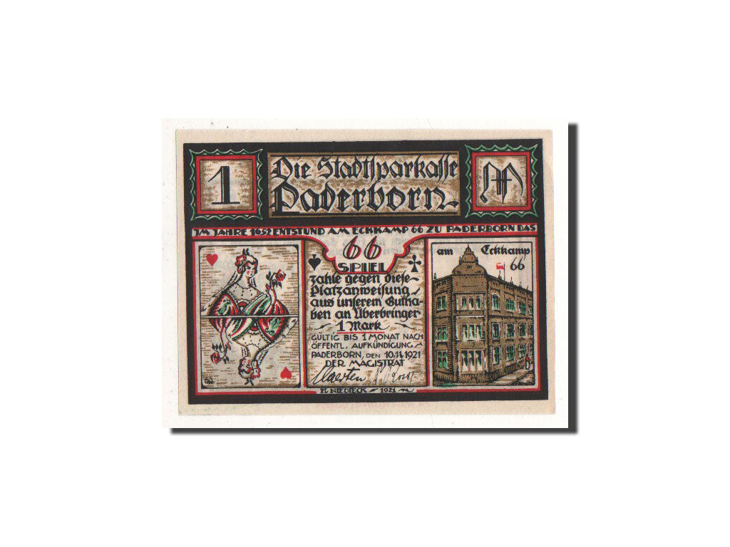 Billet, Allemagne, Paderborn, 1 Mark, joueur, 1921, 1921-11-10, NEUF