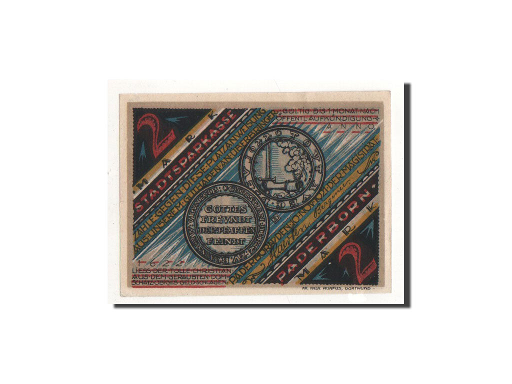 Billet, Allemagne, Paderborn, 2 Mark, personnage, 1921, 1921-11-10, NEUF