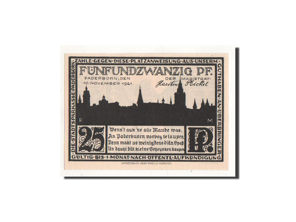 Billet, Allemagne, Paderborn, 25 Pfennig, ruelle, 1921, 1921-11-10, NEUF