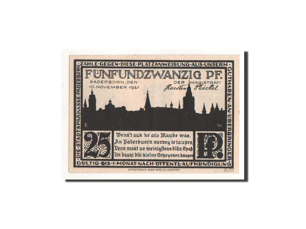 Billet, Allemagne, Paderborn, 25 Pfennig, Maison, 1921, 1921-11-10, NEUF