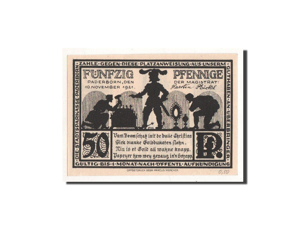 Billet, Allemagne, Paderborn, 50 Pfennig, Eglise 1, 1921, 1921-11-10, NEUF