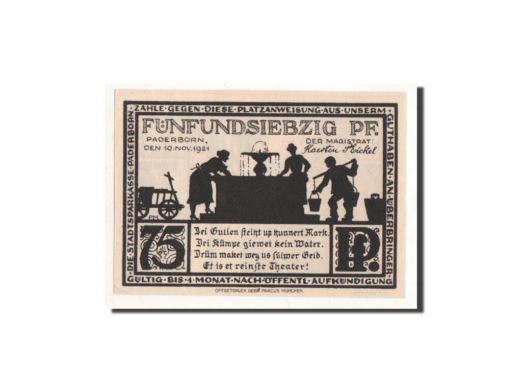 Billet, Allemagne, Paderborn, 75 Pfennig, ruelle, 1921, 1921-11-10, NEUF