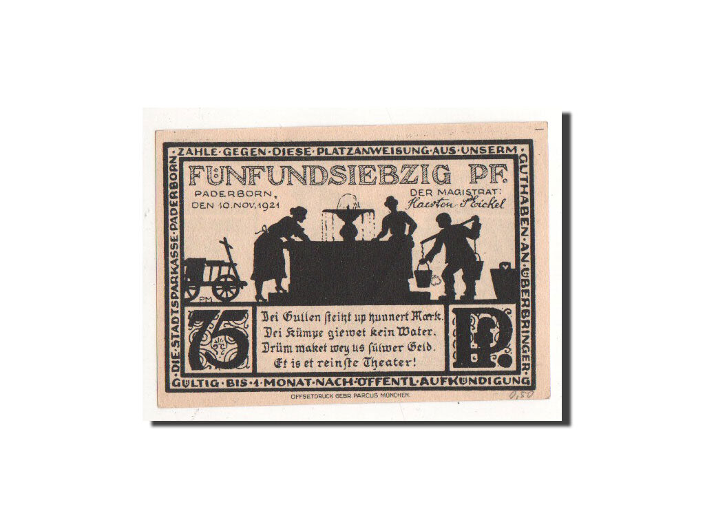 Banknot, Niemcy, Paderborn, 75 Pfennig, Batiment, 1921, 1921-11-10, UNC(65-70)