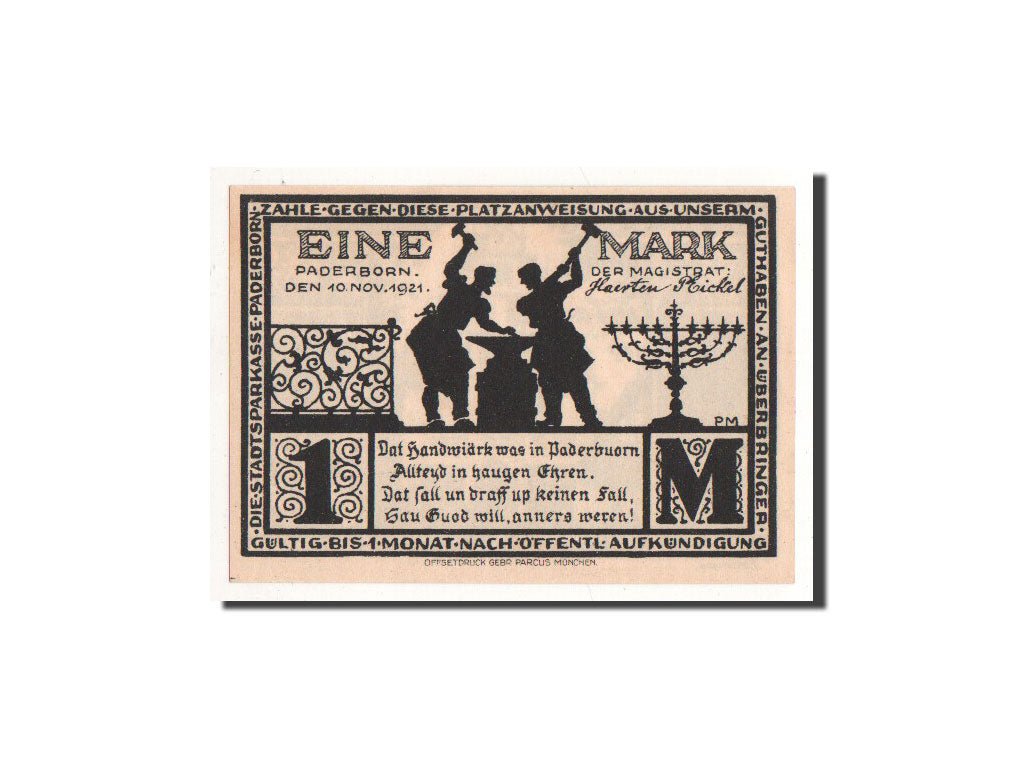 Billete, Alemania, Paderborn, 1 Mark, Batiment, 1921, 1921-11-10, UNC