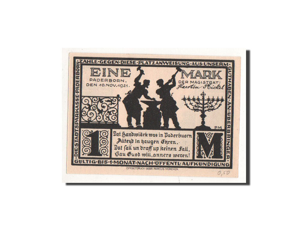 Billet, Allemagne, Paderborn, 1 Mark, Eglise, 1921, 1921-11-10, NEUF