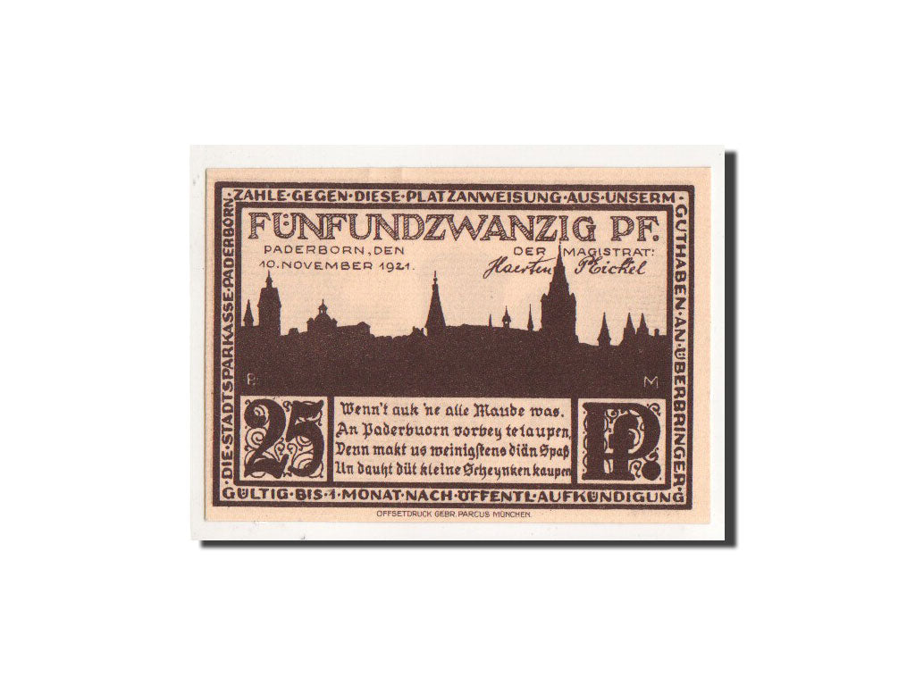 Billet, Allemagne, Paderborn, 25 Pfennig, Maison, 1921, 1921-11-10, NEUF