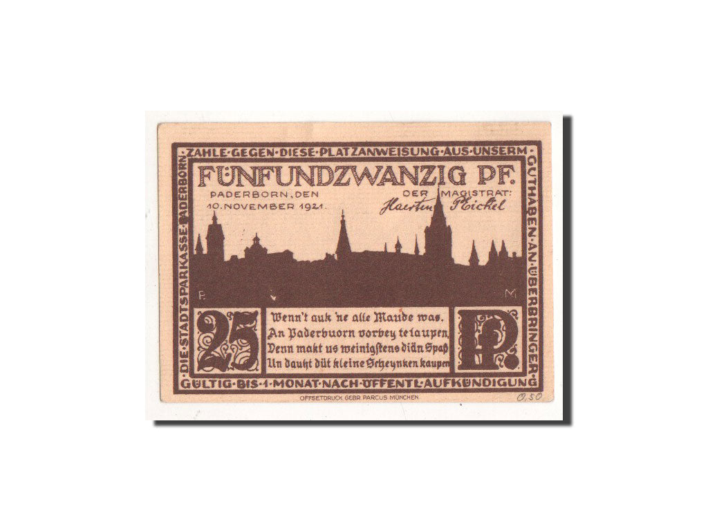 Billet, Allemagne, Paderborn, 25 Pfennig, ruelle, 1921, 1921-11-10, NEUF