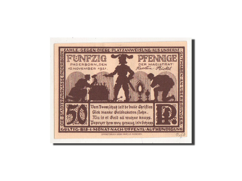 Billet, Allemagne, Paderborn, 50 Pfennig, Eglise, 1921, 1921-11-10, NEUF