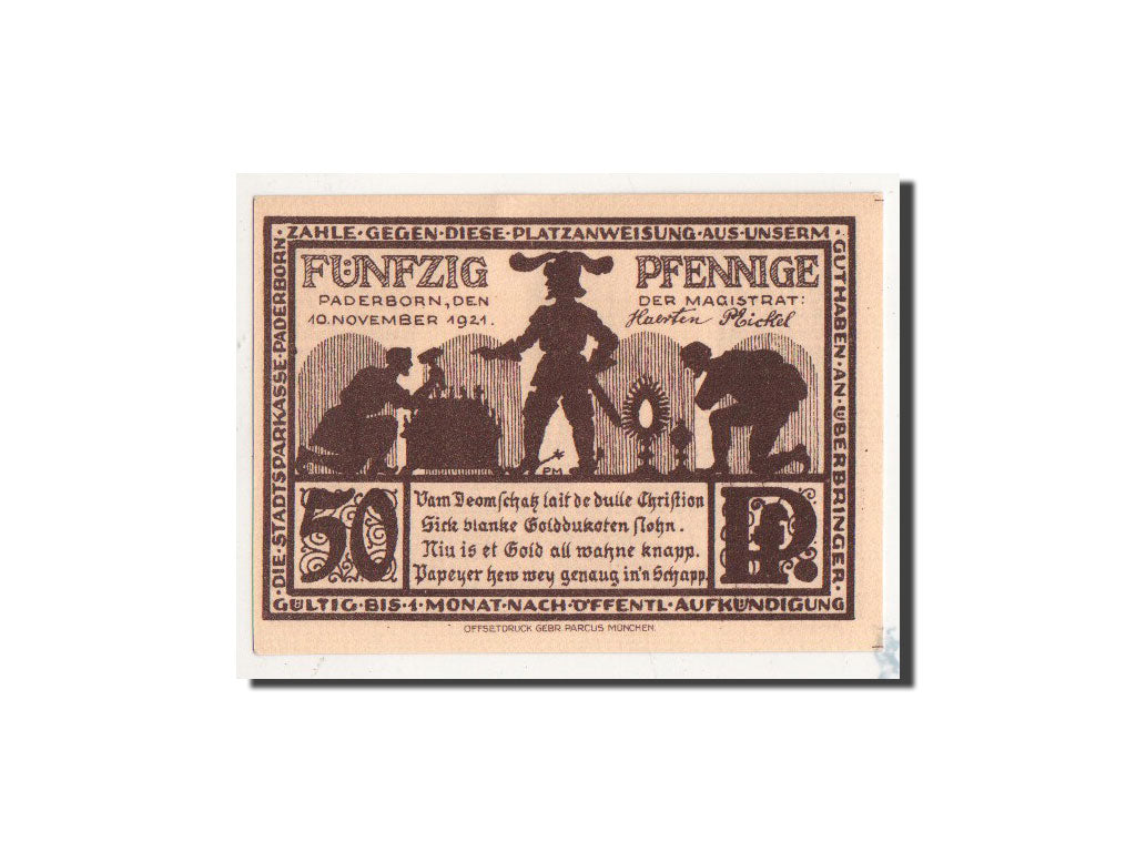Billet, Allemagne, Paderborn, 50 Pfennig, Eglise 1, 1921, 1921-11-10, NEUF