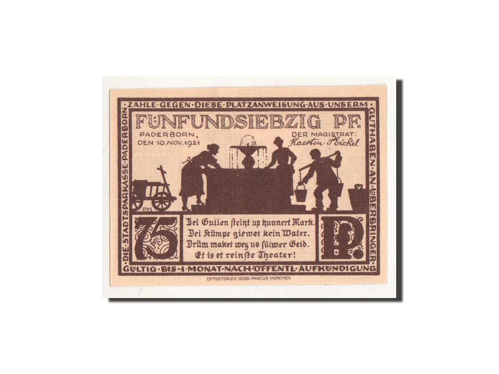 Banknot, Niemcy, Paderborn, 75 Pfennig, Batiment, 1921, 1921-11-10, UNC(65-70)