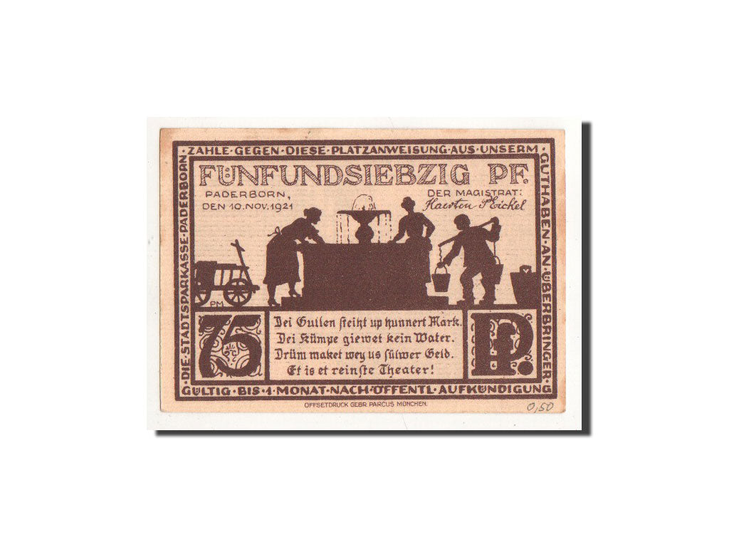 Billet, Allemagne, Paderborn, 75 Pfennig, ruelle, 1921, 1921-11-10, NEUF