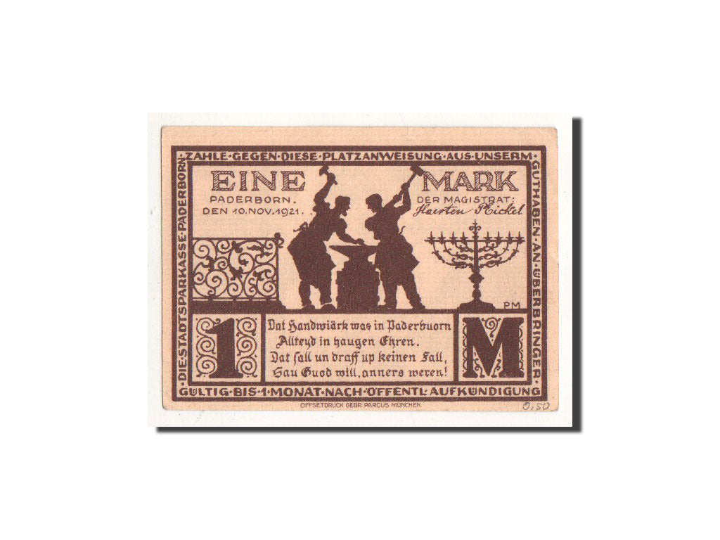 Biljet, Duitsland, Paderborn, 1 Mark, Batiment, 1921, 1921-11-10, NIEUW
