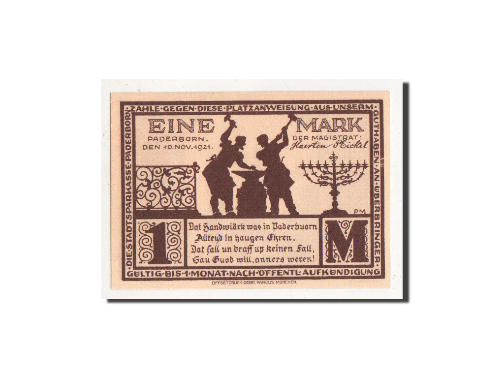 Billet, Allemagne, Paderborn, 1 Mark, Eglise, 1921, 1921-11-10, NEUF